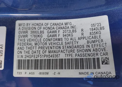 2023 Honda Civic Sport z USA, uszkodzony, nr VIN 2HGFE2F51PH549367